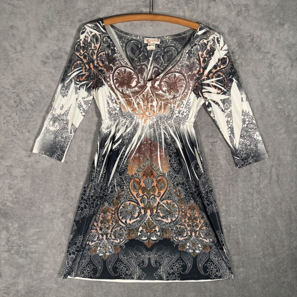 R Rouge USA Tunic Mini Dress Women's Size L Rhinestone Embellished Print Y2K 00s